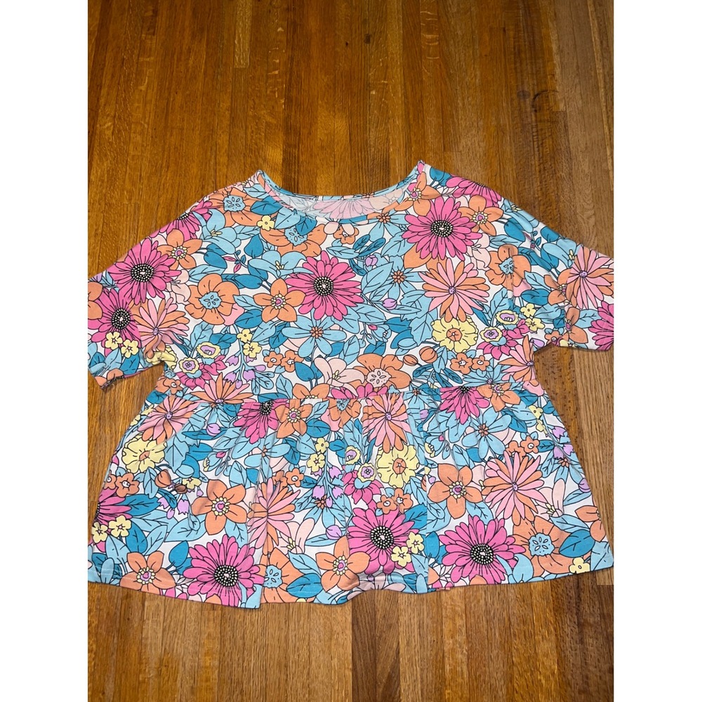 Women Medium Multi Color Floral Babydoll Peplum Short Sleeve Stretch Blouse
